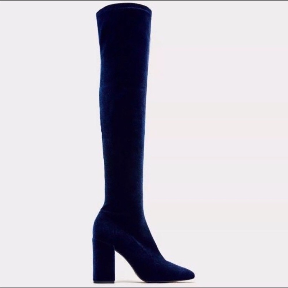💙 New ZARA royal Blue VELVET OVER THE KNEE HEEL BOOTS 36 6